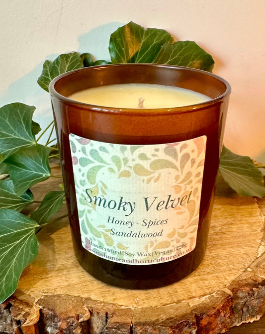 Smokey Velvet soy candle in glass jar with honey, sandalwood and warm spice scent handmade vegan cruelty free cosy home fragrance gift