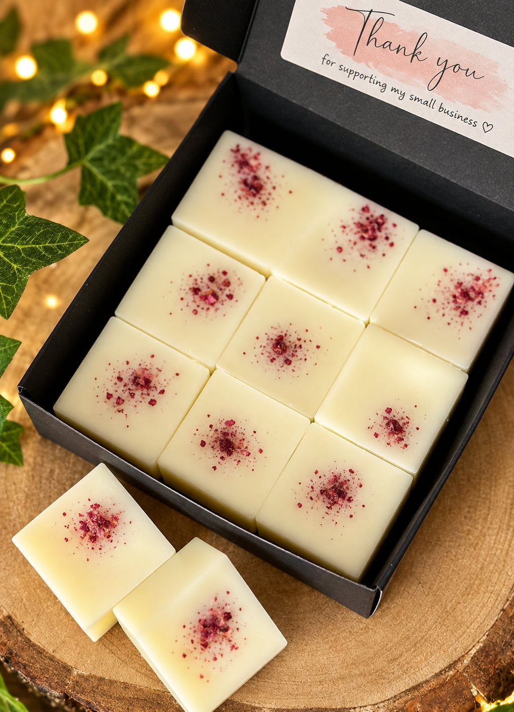 A black gift box containing nine square white wax melts, each topped with a small red dusting of natural botanicals, arranged on a rustic wood slice with decorative green leaves and warm string lights in the background. A thank-you card is visible inside the box.