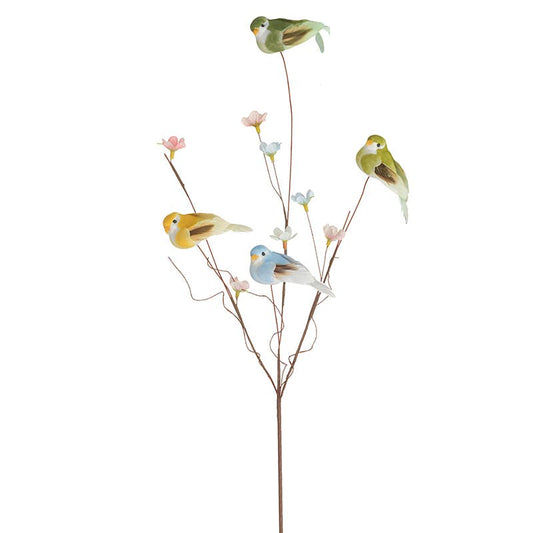 Decorative branch with small birds and flowers on a white background