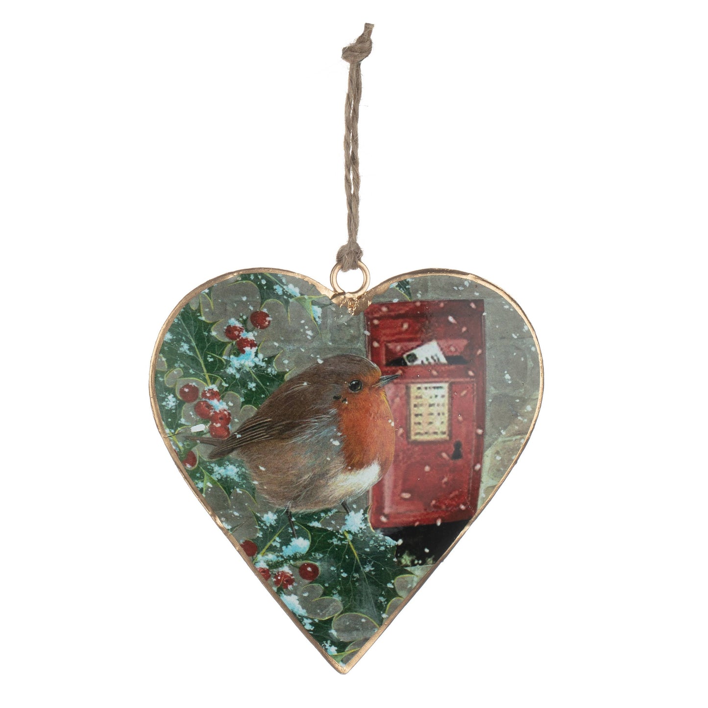 Heart-shaped Christmas ornament featuring a robin bird and a red post box on a snowy green background, with a gold hanging loop at the top.
