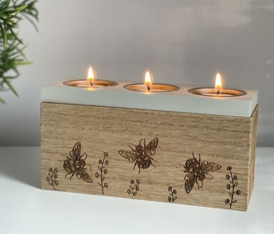 Wooden Tealight Holder Box with Bees