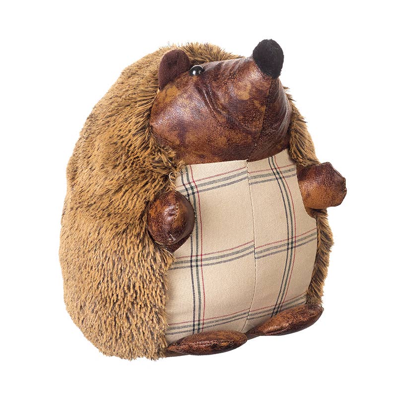 hedgehog doorstop in brown and cream with faux fur back