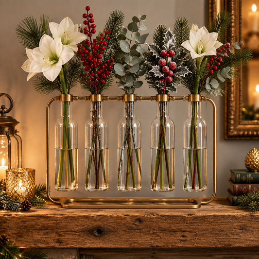 Decorative glass bottles vase with 5 individual glass vases on a metal stand with a lantern and plant in the background.