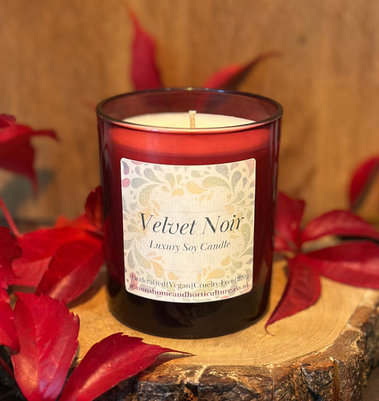 Velvet Noir luxury soy candle in ruby red glass jar, vegan and cruelty-free handcrafted scented candle gift for home décor
