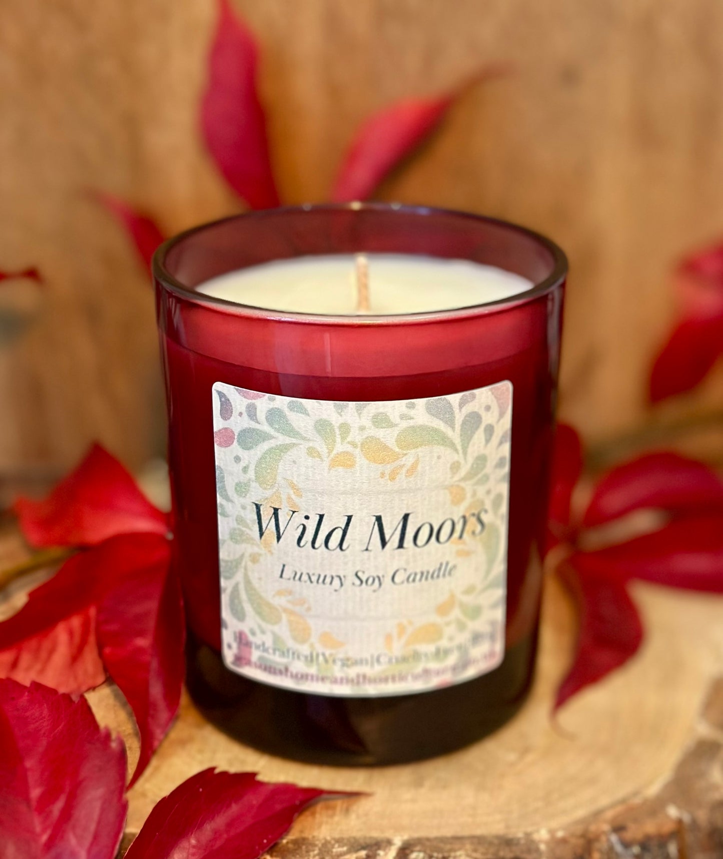 Wild Moors luxury soy candle with bergamot, amber, and cedarwood scent, vegan cruelty-free paraffin-free paraben-free handcrafted home fragrance