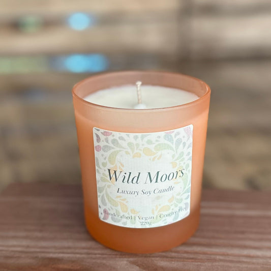 wild moors candle in a peach coloured frosted glass jar