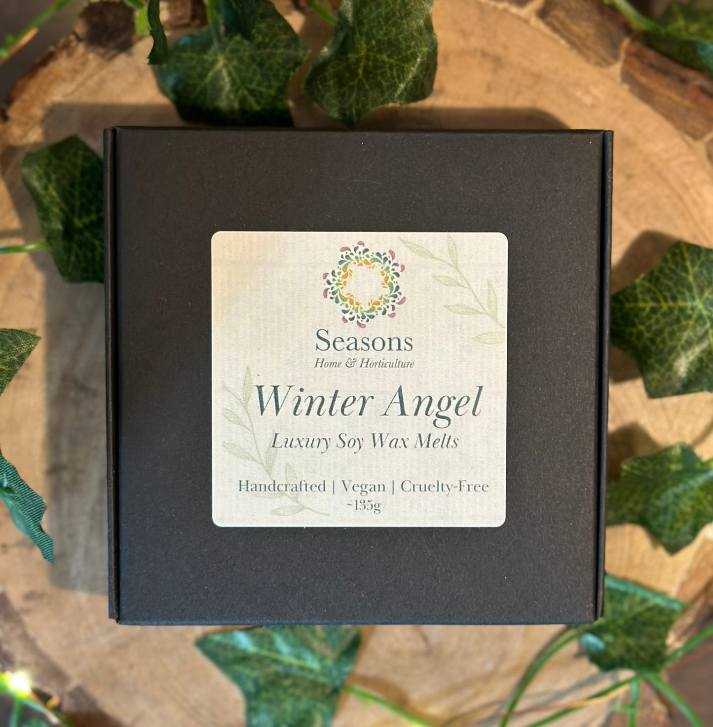 Luxury Winter Angel soy wax melts, eco-friendly and cruelty-free, long-lasting jasmine and saffron aroma for festive home décor.