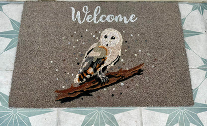 Natural coir grey winter owl themed Christmas doormat bringing festive charm to your doorway, ideal eco-friendly Christmas décor and seasonal gift for home