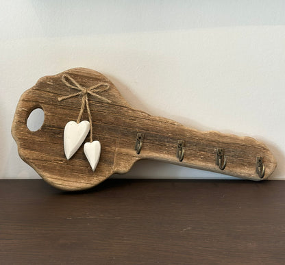 Wooden key-shaped wall hook with beachy cottage style, ideal for coastal decor or rustic gift