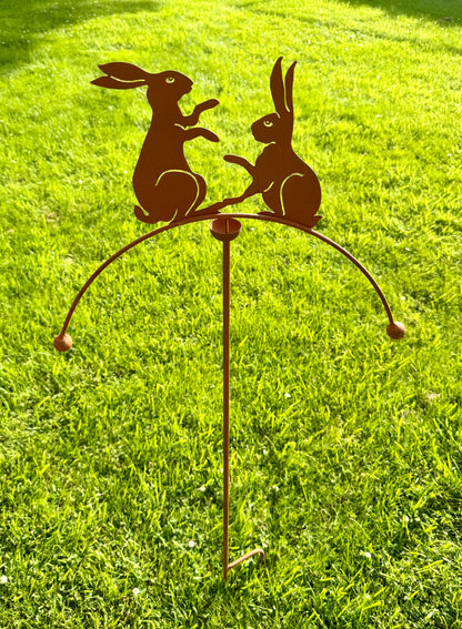 Woodland hare garden sculpture with balancing design for flower beds, patios and country garden decor
