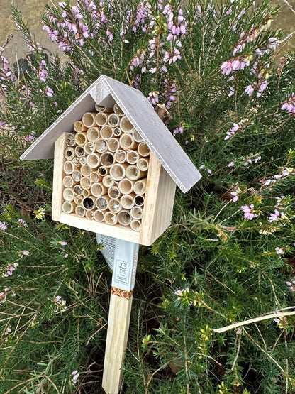 wooden insect hotel on a stick 
